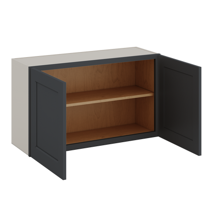 36" Wide by 12" Deep Bridge 15HNS Hermosa Noir Black Shaker 1-1/4"Overlay Wall Cabinet - Double Door 12", 15", 18", 21", 24" Tall