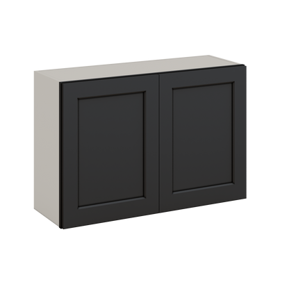 36" Wide by 12" Deep Bridge 15HNS Hermosa Noir Black Shaker 1-1/4"Overlay Wall Cabinet - Double Door 12", 15", 18", 21", 24" Tall