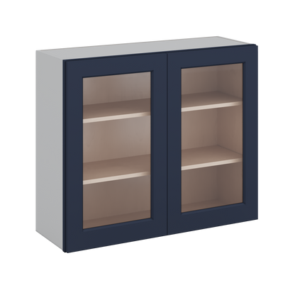 30" Tall NB29 Naval Blue Shaker 1-1/4" Overlay Glass Ready Wall Cabinet - Double Door 24", 27", 30", 33" & 36" 42" Wide