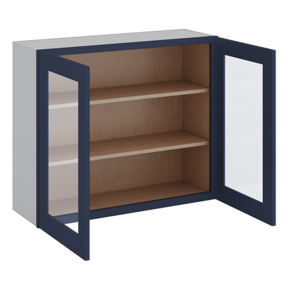 30" Tall NB29 Naval Blue Shaker 1-1/4" Overlay Glass Ready Wall Cabinet - Double Door 24", 27", 30", 33" & 36" 42" Wide