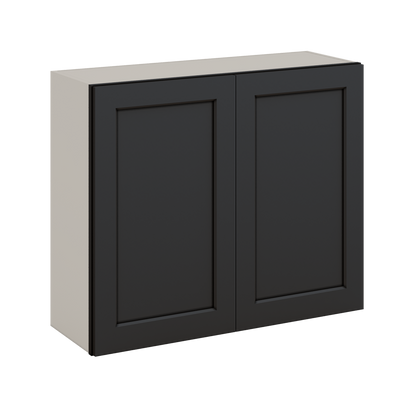 30" Tall 15HNS Hermosa Noir Black Shaker 1-1/4" Overlay Wall Cabinet - Double Door 24", 27", 30", 33" & 36" Wide