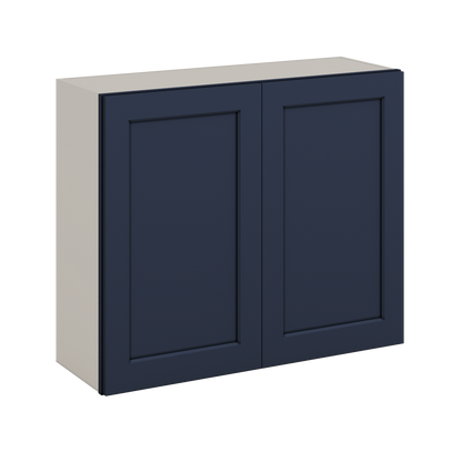 30" Tall NB29- Naval Blue Shaker 1-1/4" Overlay Wall Cabinet - Double Door 24", 27", 30", 33" & 36" 42" Wide