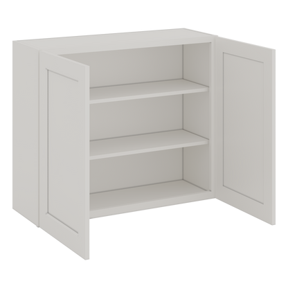 30" Tall 2WS White Shaker 1-1/4" Overlay Wall Cabinet - Double Door 24", 27", 30", 33" & 36" Wide