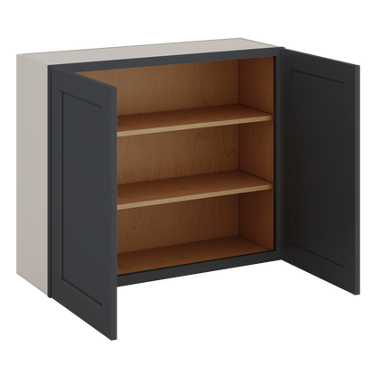 30" Tall 15HNS Hermosa Noir Black Shaker 1-1/4" Overlay Wall Cabinet - Double Door 24", 27", 30", 33" & 36" Wide