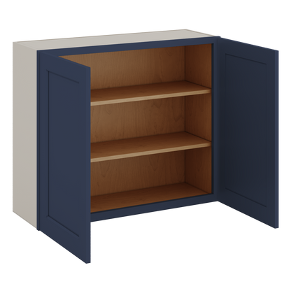 30" Tall NB29- Naval Blue Shaker 1-1/4" Overlay Wall Cabinet - Double Door 24", 27", 30", 33" & 36" 42" Wide