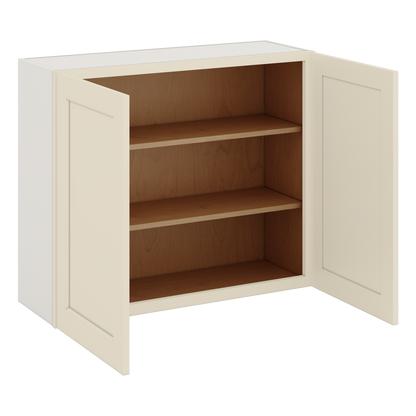30" Tall Manhattan Cream Shaker 1-1/4" Overlay Wall Cabinet - Double Door 24", 27", 30", 33" & 36" Wide