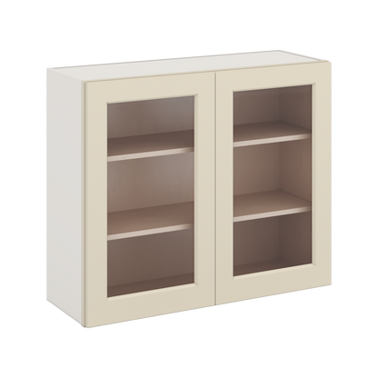 30" Tall Manhattan Cream Shaker 1-1/4" Overlay Glass Ready Wall Cabinet - Double Door 24", 27", 30", 33" & 36" Wide
