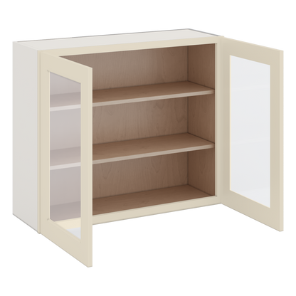 30" Tall Manhattan Cream Shaker 1-1/4" Overlay Glass Ready Wall Cabinet - Double Door 24", 27", 30", 33" & 36" Wide