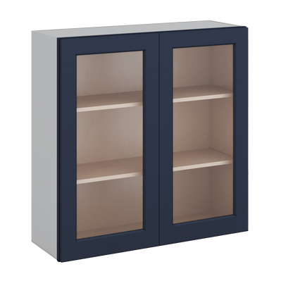 36" Tall NB29- Naval Blue Shaker 1-1/4" Overlay Glass Ready Wall Cabinet - Double Door 24", 27", 30", 33" & 36" Wide