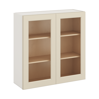36" Tall Manhattan Cream Shaker 1-1/4" Overlay Glass Ready Wall Cabinet - Double Door 24", 27", 30", 33" & 36" Wide