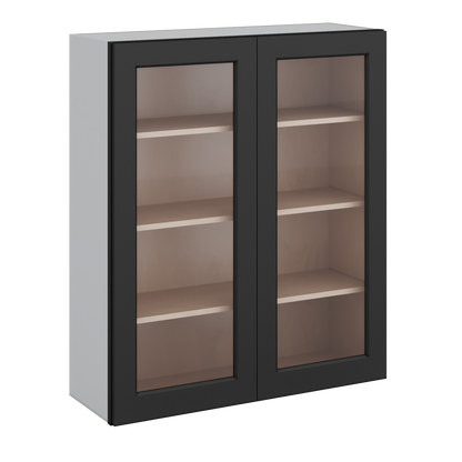 Double Door 24", 27", 30", 33" & 36" - 42" Tall Wall Cabinet Black Shaker 1-1/4" Overlay Glass Ready Wall Cabinet -