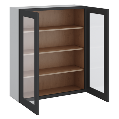 Double Door 24", 27", 30", 33" & 36" - 42" Tall Wall Cabinet Black Shaker 1-1/4" Overlay Glass Ready Wall Cabinet -