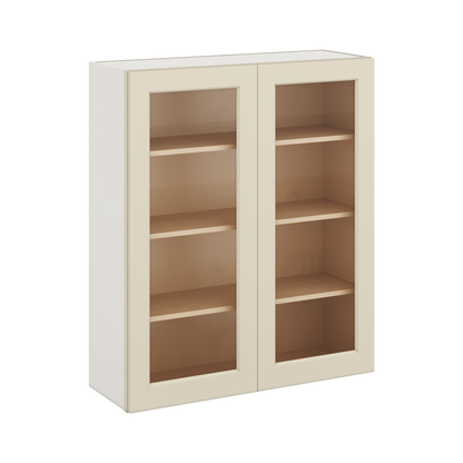 42" Tall Manhattan Cream Shaker 1-1/4" Overlay Wall Glass Cabinet - Double Door 24", 27", 30", 33", 36"