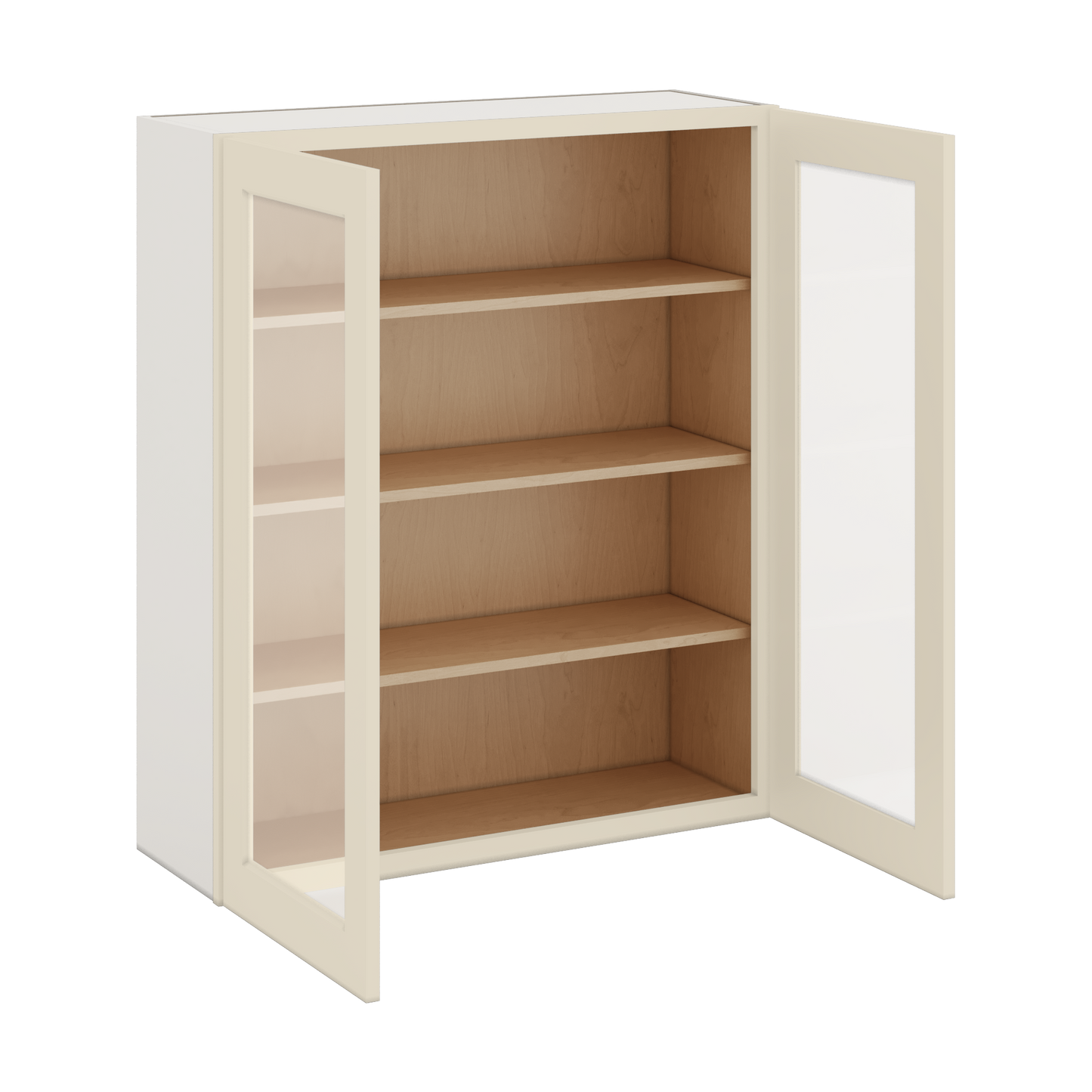 42" Tall Manhattan Cream Shaker 1-1/4" Overlay Wall Glass Cabinet - Double Door 24", 27", 30", 33", 36"