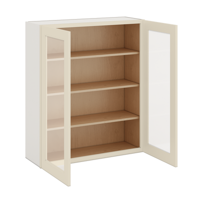42" Tall Manhattan Cream Shaker 1-1/4" Overlay Wall Glass Cabinet - Double Door 24", 27", 30", 33", 36"