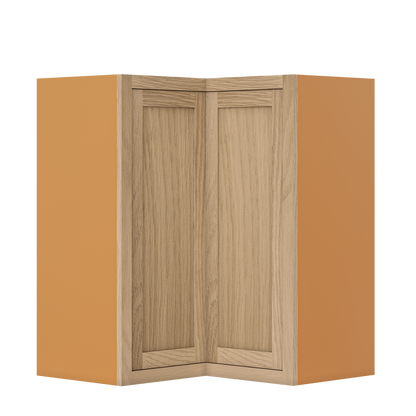 Custom Oak Stacker Wall Angle Corner Shaker Wall Cabinet 27" W x 12" to 51" Tall - Solid Panel Doors