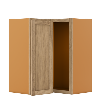 Custom Oak Stacker Wall Angle Corner Shaker Wall Cabinet 27" W x 12" to 51" Tall - Solid Panel Doors