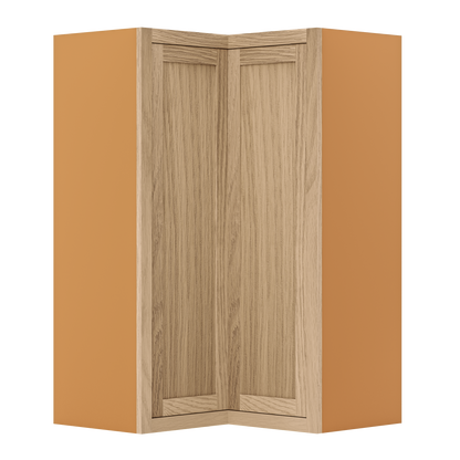 Custom Oak Stacker Wall Angle Corner Shaker Wall Cabinet 27" W x 12" to 51" Tall - Solid Panel Doors