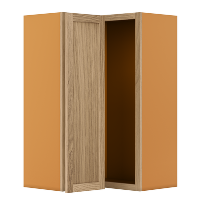 Custom Oak Stacker Wall Angle Corner Shaker Wall Cabinet 27" W x 12" to 51" Tall - Solid Panel Doors