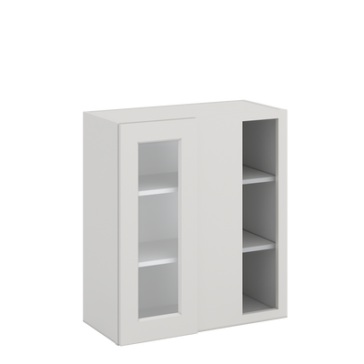 Blind Corner 2WS White Shaker 1-1/4" Overlay Wall Glass Cabinet (left or right) 27" Wide by 30", 36" or 42" Tall