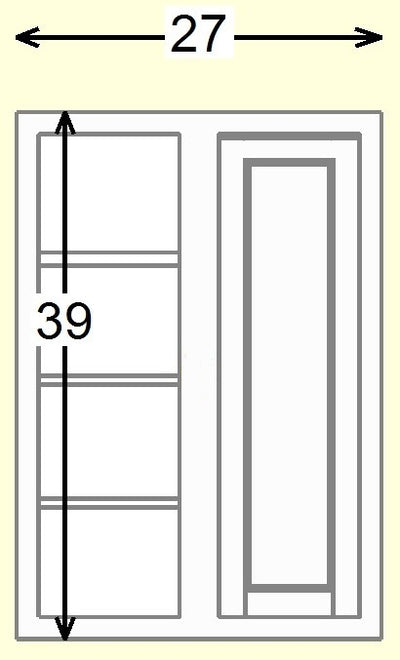 Custom Blind Corner Wall Inset Cabinet 27" Wide by 9", 12" 15", 18", 21", 24", 27", 30", 33", 36", 39  and 42" Tall