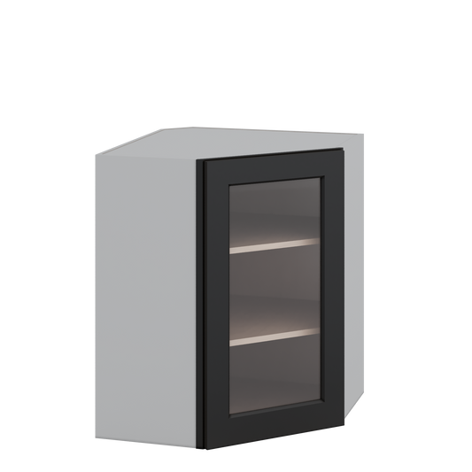 Diagonal Corner 15HNS Hermosa Noir Black Shaker 1-1/4" Overlay Glass Ready Wall Cabinet 24" Wide by 30", 36" & 42" Tall