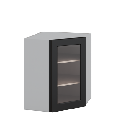 Diagonal Corner 15HNS Hermosa Noir Black Shaker 1-1/4" Overlay Glass Ready Wall Cabinet 24" Wide by 30", 36" & 42" Tall