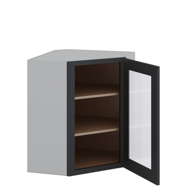 Diagonal Corner 15HNS Hermosa Noir Black Shaker 1-1/4" Overlay Glass Ready Wall Cabinet 24" Wide by 30", 36" & 42" Tall