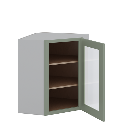 Diagonal Corner Green Shaker 1-1/4" Overlay Glass Ready Wall Cabinet 24" Wide by 30", 36" & 42" Tall