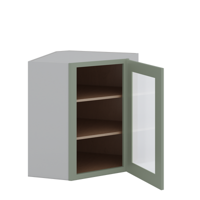 Diagonal Corner Green Shaker 1-1/4" Overlay Glass Ready Wall Cabinet 24" Wide by 30", 36" & 42" Tall