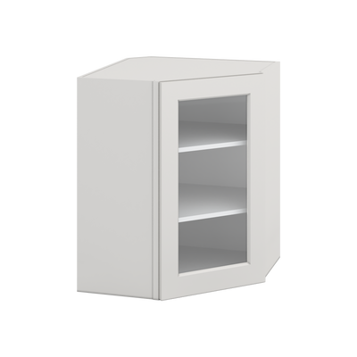 Diagonal Corner 2WS White Shaker 1-1/4" Overlay Wall Glass Cabinet 24" Wide by 30", 36" & 42" Tall