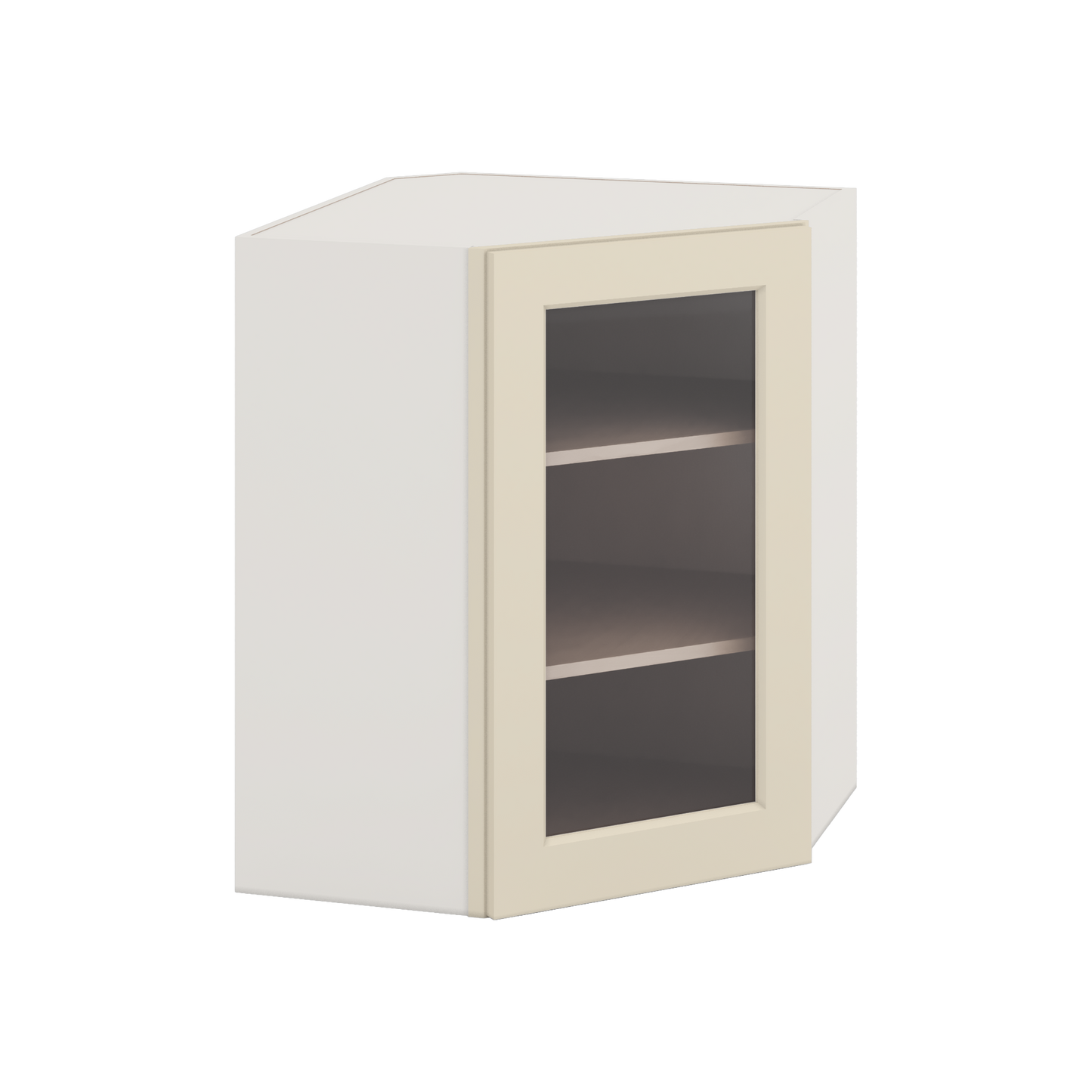 Diagonal Corner Manhattan Cream Shaker 1-1/4" Overlay Glass Ready Wall Cabinet 24" Wide by 30", 36" & 42" Tall
