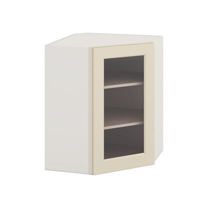 Diagonal Corner Manhattan Cream Shaker 1-1/4" Overlay Glass Ready Wall Cabinet 24" Wide by 30", 36" & 42" Tall