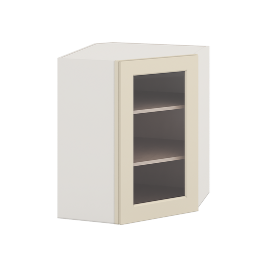 Diagonal Corner Manhattan Cream Shaker 1-1/4" Overlay Glass Ready Wall Cabinet 24" Wide by 30", 36" & 42" Tall