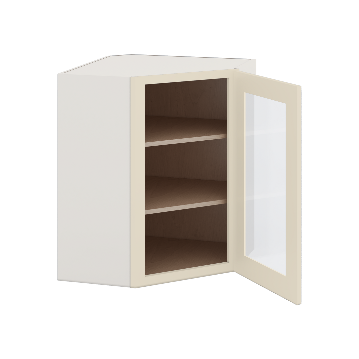 Diagonal Corner Manhattan Cream Shaker 1-1/4" Overlay Glass Ready Wall Cabinet 24" Wide by 30", 36" & 42" Tall
