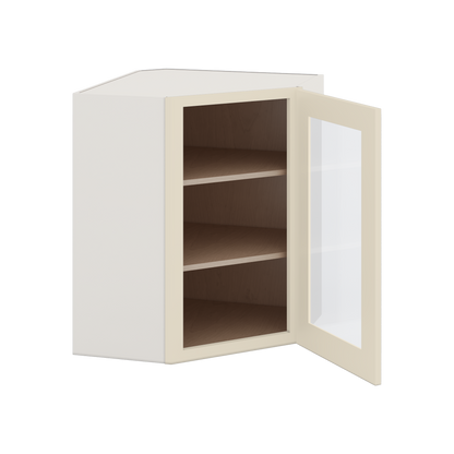 Diagonal Corner Manhattan Cream Shaker 1-1/4" Overlay Glass Ready Wall Cabinet 24" Wide by 30", 36" & 42" Tall