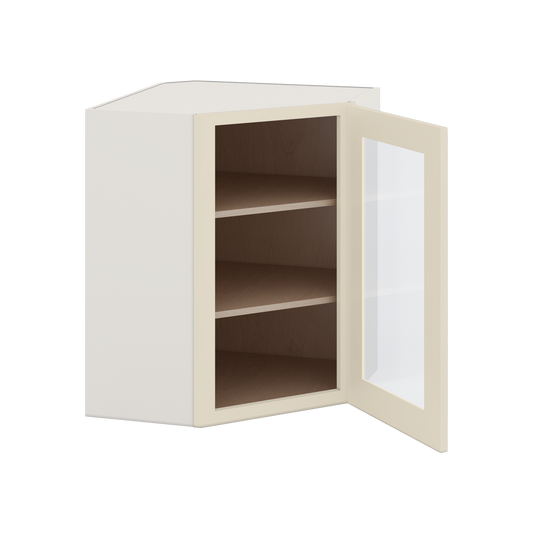 Diagonal Corner Manhattan Cream Shaker 1-1/4" Overlay Glass Ready Wall Cabinet 24" Wide by 30", 36" & 42" Tall