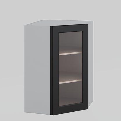 Diagonal Corner 15HNS Hermosa Noir Black Shaker 1-1/4" Overlay Glass Ready Wall Cabinet 24" Wide by 30", 36" & 42" Tall