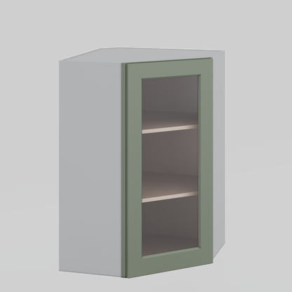 Diagonal Corner Green Shaker 1-1/4" Overlay Glass Ready Wall Cabinet 24" Wide by 30", 36" & 42" Tall