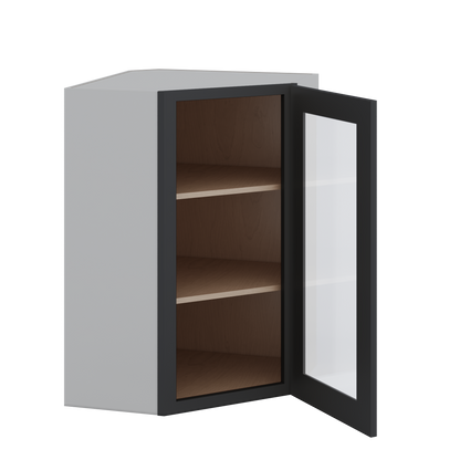 Diagonal Corner 15HNS Hermosa Noir Black Shaker 1-1/4" Overlay Glass Ready Wall Cabinet 24" Wide by 30", 36" & 42" Tall