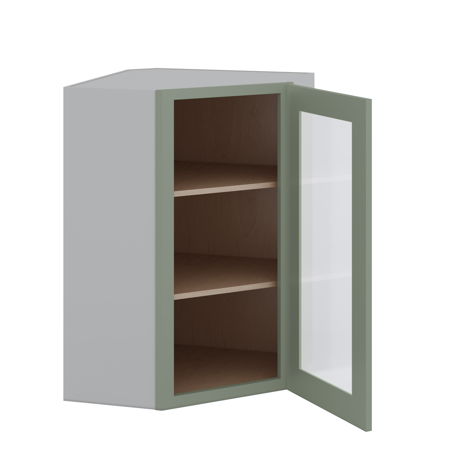 Diagonal Corner Green Shaker 1-1/4" Overlay Glass Ready Wall Cabinet 24" Wide by 30", 36" & 42" Tall