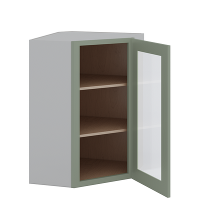 Diagonal Corner Green Shaker 1-1/4" Overlay Glass Ready Wall Cabinet 24" Wide by 30", 36" & 42" Tall