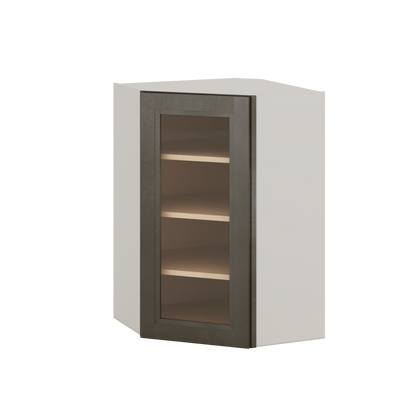Diagonal Corner Huntington Cinder Double Shaker Glass Ready Wall Cabinet 24" Wide by 30", 36" & 42" Tall
