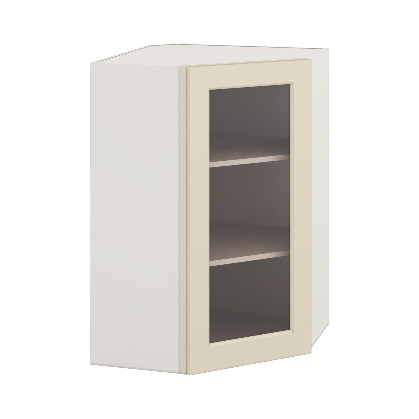 Diagonal Corner Manhattan Cream Shaker 1-1/4" Overlay Glass Ready Wall Cabinet 24" Wide by 30", 36" & 42" Tall