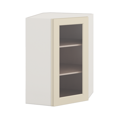 Diagonal Corner Manhattan Cream Shaker 1-1/4" Overlay Glass Ready Wall Cabinet 24" Wide by 30", 36" & 42" Tall