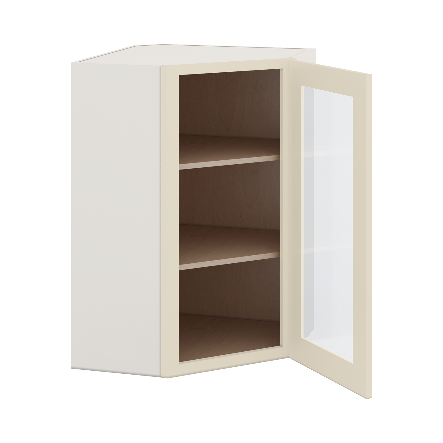 Diagonal Corner Manhattan Cream Shaker 1-1/4" Overlay Glass Ready Wall Cabinet 24" Wide by 30", 36" & 42" Tall