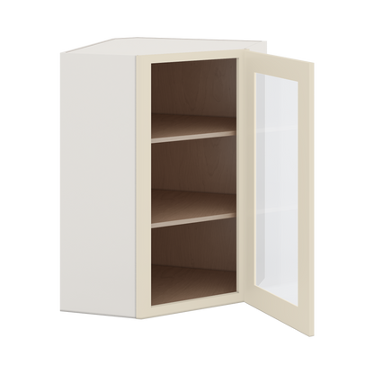 Diagonal Corner Manhattan Cream Shaker 1-1/4" Overlay Glass Ready Wall Cabinet 24" Wide by 30", 36" & 42" Tall