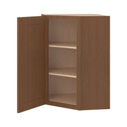 Diagonal Corner 24" Wide by 30", 36" & 42" Tall Elegant Craftsman Mocha Shaker 1-1/4" Overlay Wall Cabinet