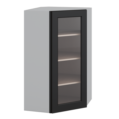 Diagonal Corner 15HNS Hermosa Noir Black Shaker 1-1/4" Overlay Glass Ready Wall Cabinet 24" Wide by 30", 36" & 42" Tall