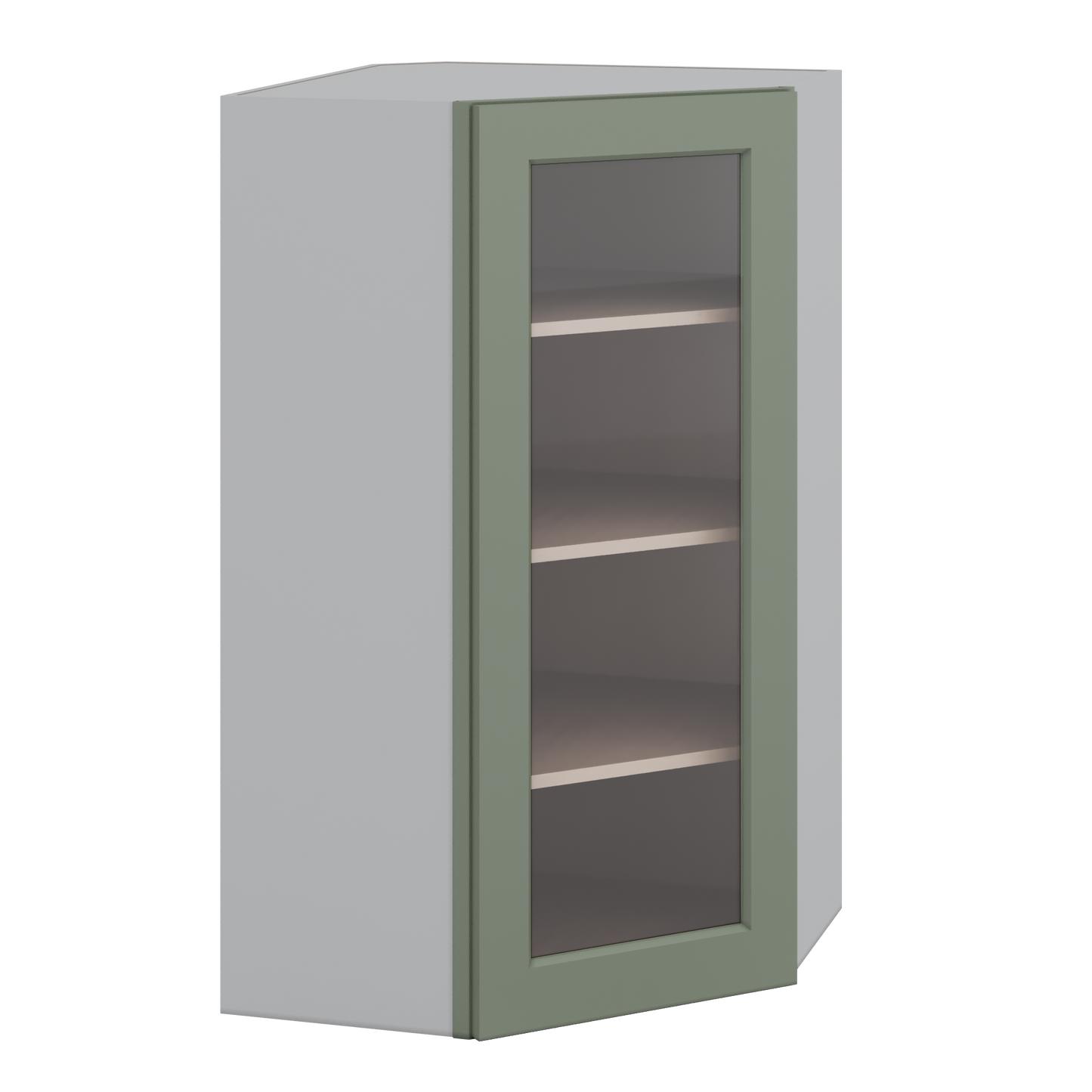 Diagonal Corner Green Shaker 1-1/4" Overlay Glass Ready Wall Cabinet 24" Wide by 30", 36" & 42" Tall
